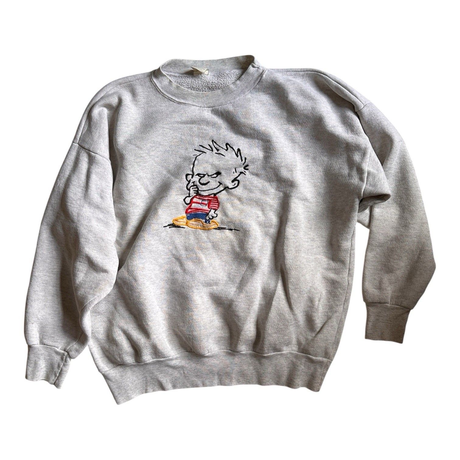 Vintage 90s Calvin And Hobbes Evil Grin Cartoon Embroidered Sweatshirt Rare L